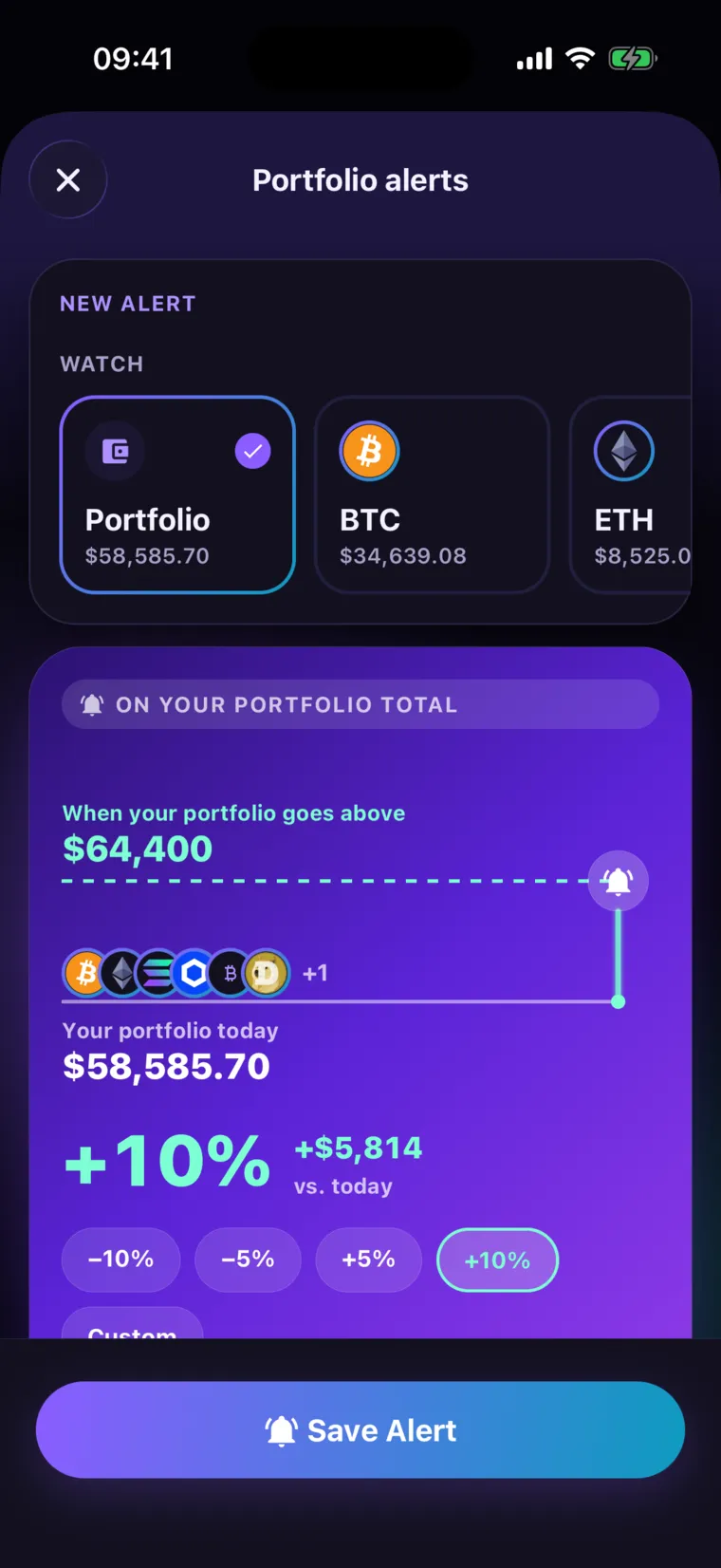 New alert: watch the portfolio total and set a value 10% above today